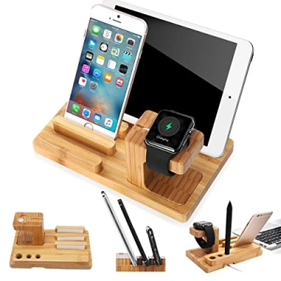 Abbildung von MOZOWO Bambus Holz Multi Gerät Desktop Ladestation Halterung Ladegerät Halter Wiege Ständer compatible with iPhone 12 11 Pro Max XS XR X 8 7 6 6S Plus iPad Apple Watch iWatch 2 3 4 Samsung Smartphones