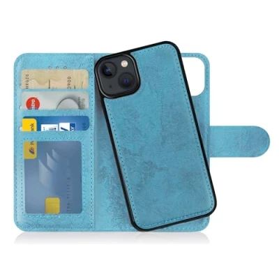 Abbildung von MyGadget Flip Case für iPhone 14 [ abnehmbare Magnet Hülle ] Handyhülle aus Kunstleder Klapphülle mit Kartenfach Schutzhülle in Hellblau