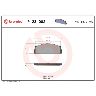 Abbildung von BREMBO P 23 002 Bremsbelagsatz exkl. Verschleißwarnkontakt ohne Zubehör FIAT: X 1/9, 124 Sport Spider, 131 Limousine, TALBOT: Simca 1000