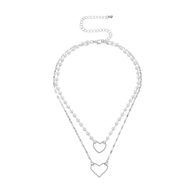 Abbildung von Perlen Halskette mit Anhänger, hohl, Liebesherz, geometrische Kette, Schmuck für Frauen, Mädchen, Teenager (Silber)