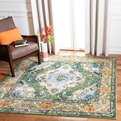 Abbildung von SAFAVIEH Boho Teppich für Wohnzimmer, Esszimmer, Schlafzimmer Monaco Collection, Kurzer Flor, Waldgrün und Hellblau, 213 X cm