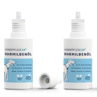 Abbildung von HUNDEPFLEGE24 Ohrmilbenöl für Hunde &amp; Katzen 100% natürliche, wirksame Sofortwirkung bei Ohrmilben, Entzündung, Ohrräude, Juckreiz Ausfluss Ohrentropfen gegen Milben 2 x 50ml