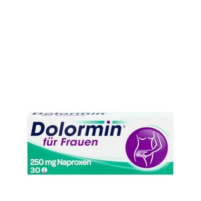 Abbildung von Dolormin® für Frauen bei Menstruationsbeschwerden mit Naproxen Regelschmerzen und Krämpfen 30 Tabletten