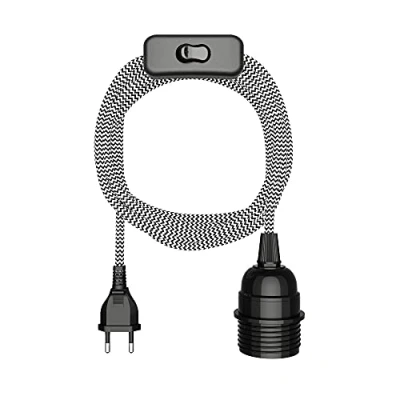 Abbildung von ledscom.de Textilkabel LEKA, Stecker, Schalter, schwarz, weiß, gezackt, 3 m, Lampen Fassung, 1x E27 max. 60W, Kabel, Lampenkabel, Kabellampe, E27, Seil, Pendelleuchte, Lampenfassung,