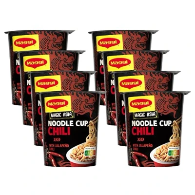 Abbildung von MAGGI Magic Asia Noodle Cup Chili, Instant Nudeln mit Chili Geschmack, leckeres Fertiggericht im praktischen Becher, Gemüse verfeinert, 8er Pack (8x63g)