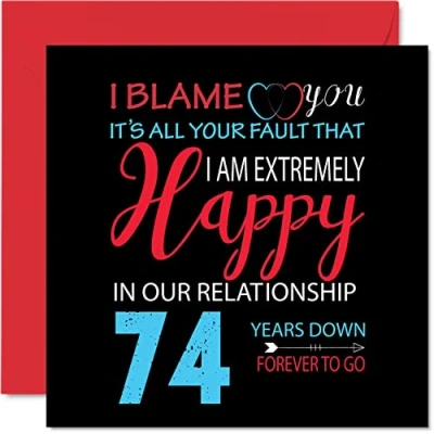 Abbildung von Stuff4 Lustige Grußkarte zum 74. Hochzeitstag für Ehemann, Ehefrau, Motiv Your Fault I&#039;m Extremely Happy 74th Wedding Anniversary Partner, 145 mm x