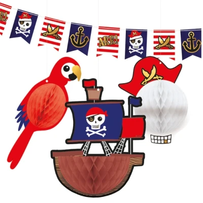 Abbildung von Amscan 9909918 4 teiliges Deko Set Pirat, 1 Flaggen Banner und 3 Wabendekorationen, Hänge Dekoration aus Papier, Girlande, Kinder Geburtstag, Motto Party