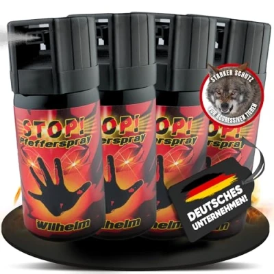 Abbildung von 4 x Wilhelm Pfefferspray Tierabwehr Selbstverteidigung CS KO Spray hochdosiert (ca. 2 Mio. Scoville) effektives Verteidigungsspray (Fog, 40 ml)