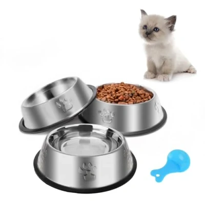 Abbildung von Katzennapf 3 Stück, Futternapf Katze Katzennäpfe Edelstahl rutschfest Katzen Napf Set, Haustier Fressnapf Futterschüssel Wasser Fütterung Schüssel für Kleine Hunde Tiere (S 195ml)
