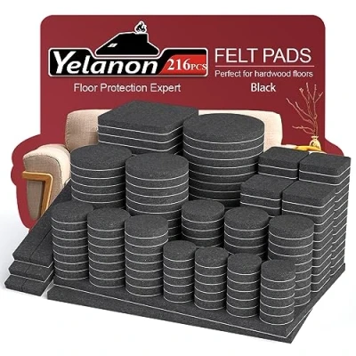 Abbildung von Yelanon Möbelgleiter 216 Stück filzgleiter selbstklebend, Filz für stühle, kratzfester Bodenschutz Möbelfüße, Chair Leg Floor Protectors, Schwarz