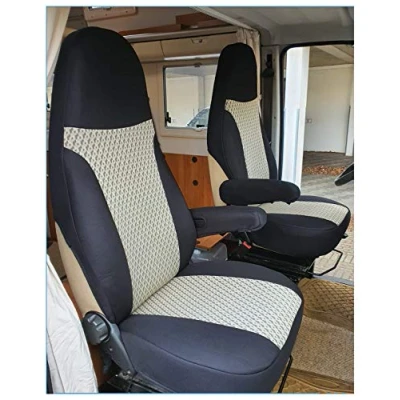 Abbildung von Maß Sitzbezüge Schonbezüge Pilotsitze Fahrer &amp; Beifahrer Set kompatibel mit Wohnmobil FIAT Ducato 812 Schwarz/Beige