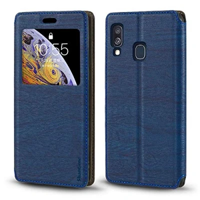 Abbildung von Schutzhülle für Samsung Galaxy A40, Holzmaserung, Leder, mit Kartenhalter und Fenster, Magnetverschluss, A40 (Blau)