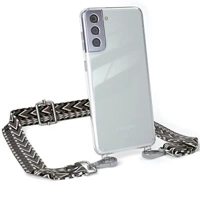 Abbildung von EAZY CASE Handykette Verstellbarer Gurt kompatibel mit Samsung Galaxy S21 Plus, Schulterriemen, Flache Kordel, Handykordel Hülle, Hülle Kette, Anthrazit/Schwarz Metall Silber