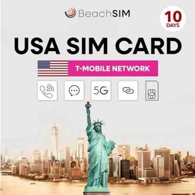 Abbildung von beachSIM USA SIM Karte Unbegrenzte 5G Daten, Anrufe &amp; Texte Hotspot für bis zu 10 Geräte nutzt T Mobile Netz Funktioniert auf IOS Android Geräten Tage