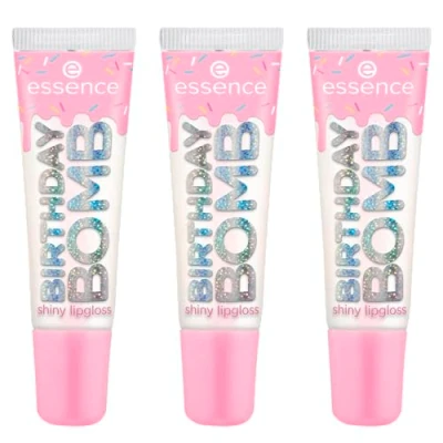 Abbildung von essence BIRTHDAY BOMB shiny lipgloss, Nr. 01, Transparent, natürlich, glänzend, strahlend frisch, schimmernd, vegan, ohne Parabene, Mikroplastikpartikel, Nanopartikel frei, 3er Pack (3x10ml)