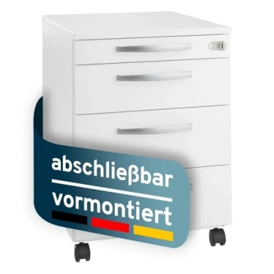 Abbildung von Rollcontainer mit Schubladen Weiss , abschließbar &amp; vormontiert aus Stahl Dreischichtplatten Metall Griffen,Schreibtisch Schrank 4 Weiß,Büro Unterschrank,Schubladenschrank