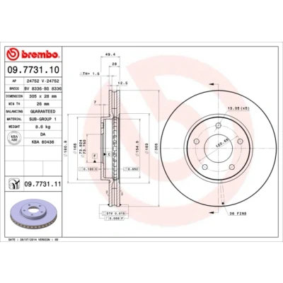 Abbildung von BREMBO COATED DISC LINE 09.7731.11 Bremsscheibe 305 28 5 innenbelüftet beschichtet JAGUAR: XJ Limousine, XK 8 Cabrio, DAIMLER: Daimler