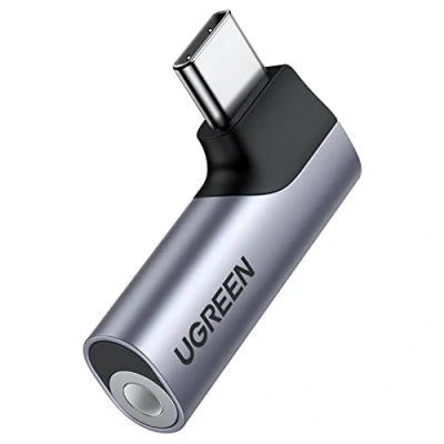 Abbildung von UGREEN USB C auf 3,5mm Klinke 90 Grad Winkel Adapter Klinke, Aux Kopfhörer mit DAC Chip kompatibel iphone16/16pro/16plus/16pro max, Galaxy S 24 Serie, iPad, Mac(Silber)