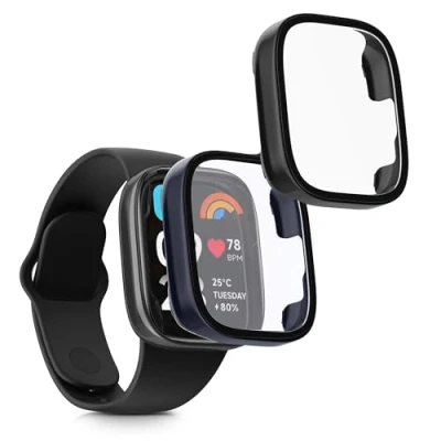 Abbildung von kwmobile 2X Cover kompatibel mit Xiaomi Redmi Watch 3 Active/Redmi Lite Hülle Fullbody Fitnesstracker Case Set aus Glas Schwarz Dunkelblau