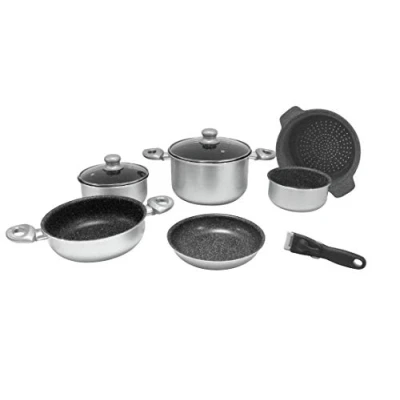 Abbildung von Gimex 9 TLG. Camping Kochtopfset 22cm Alu Aluminium mit Induktion Silber Metallic