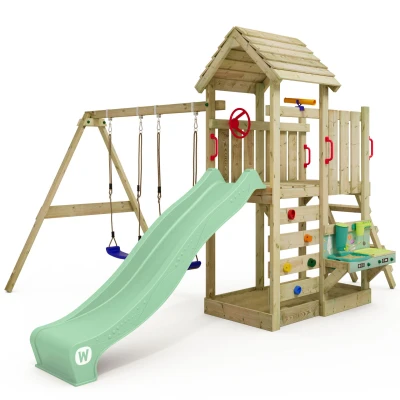 Abbildung von Wickey Klettergerüst Spielturm MultiFlyer mit Holzdach und Matschküche, (Kletterturm Schaukel Rutsche, Spielturmzubehör), 10 jährige Garantie*, integrierter Sandkasten