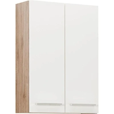 Abbildung von Pelipal Badezimmer Hängeschrank Quickset 380 in Weiß Glanz/Sanremo Eiche Terra Quer Nachbildung, 50 cm breit Bad Wandschrank mit 2 Türen und Einlegeböden