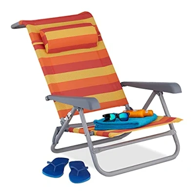 Abbildung von Relaxdays Liegestuhl klappbar, verstellbar, Strandstuhl mit Nackenkissen, Armlehnen &amp; Flaschenöffner, gelb/rot/orange, 1 Stück
