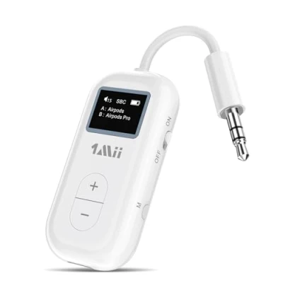 Abbildung von 1Mii SafeFly Dual Bluetooth 5.3 Sender mit OLED Display für bis zu 2 kabellose AirPods Ohrhörer, aptX HD/AD/LL, 3,5 mm Audiobuchse im Flugzeug/Fitnessstudio/TV/iPad/Tablets