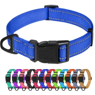 Abbildung von TagME Nylon Hundehalsband, Verstellbares Reflektierendes Hundehalsband mit Sicherheitsschnalle für Kleiner Hund, Dunkelblau, 1.5cm Breite