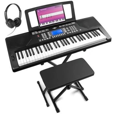 Abbildung von MAX Rhapsody61P MIDI Keyboard Piano mit 61 Tasten und Pitch Wheel, Ständer, Hocker &amp; Kopfhörer, Anschlagdynamik, LCD Display, Lern Funktion, 8h Akku, 40 Demos für Anfänger, 300 Sounds