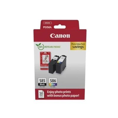 Abbildung von Canon PG 585 / CL 586 Original Tintenpatronen, 2er Pack (1x Schwarz, 1x Farbe), inklusive 50 Blatt 4x6 Fotopapier Kompatibel mit PIXMA TS7650i TS7750i