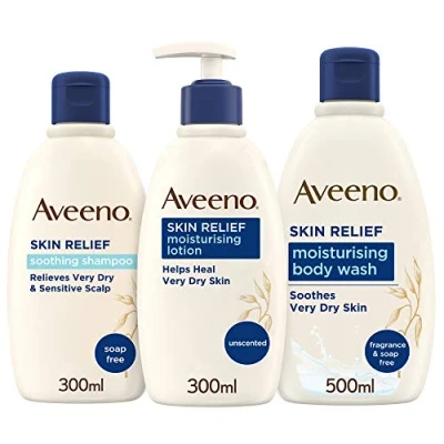 Abbildung von Aveeno Skin Relief Regime Bundle Body Wash Lotion und Shampoo für empfindliche, sehr trockene Haut Kopfhaut, Blau, 3 Stück