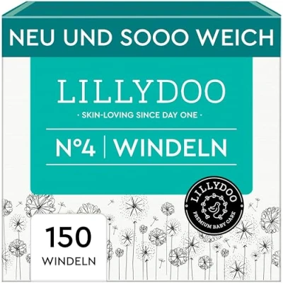 Abbildung von LILLYDOO hautfreundliche Baby Windeln Größe 4 (9 14 kg),Monatsbox (150 Stück), Sicherer Auslaufschutz, Weich, Parfümfrei, Ohne Lotionen &amp; Farbstoffe für empfindliche Haut, Dermatologisch getestet