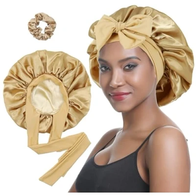Abbildung von SENGTERM Satin Haarhaube Damen Doppelseitig Seidenhaube mit Elastischen Krawattenband für Lockige haare Nachtmütze (golden)