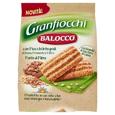 Abbildung von 6x Balocco Granfiocchi Biscotti Integrali Vollkornkekse Kekse Biscuits mit Vollkorn Getreideflocken und braunen Zucker Körnern 700g