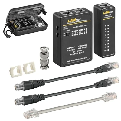 Abbildung von Goobay 93010 Netzwerktester LAN Tester / Leitungstester RJ45 RJ11 RJ12 ISDN CAT5 CAT6 BNC Netzwerk Kabeltester Messgerät Schwarz