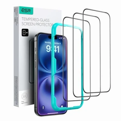 Abbildung von ESR für iPhone 16 Plus/iPhone 15 Plus Panzerglas, Displayschutzfolie 3 Stück, gehärtete Glasfolie einfachem Befestigungswerkzeug, 9H Härte, Militärgrad bruchsicher, volle Abdeckung, kratzfest