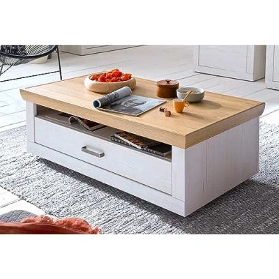 Abbildung von Lomadox Couchtisch mit Rollen rollbar inkl. Schublade in Pinie weiß Eiche Nb. Landhausstil, Wohnzimmertisch, Sofatisch, Beistelltisch B/H/T ca. 115/44/65 cm