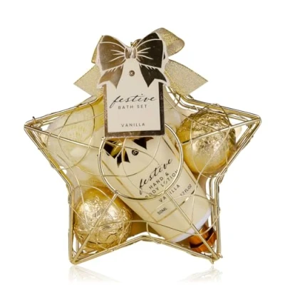 Abbildung von Accentra Duschset Frauen Geschenkset FESTIVE in sternförmigem Drahtkorb gold 3 teiliges Pflegeset mit Hand &amp; Bodylotion, Badefizzer und Netzschwamm Geschenk Set zum Geburtstag Weihnachten