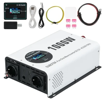 Abbildung von OUBOTEK Wechselrichter 1000W / 2000W Reiner Sinus DC 12V auf AC 230V mit Drahtloser Fernbedienung LCD Anzeige 2 Steckdosen USB A und 1 Type C, spannungswandler für Wohnmobil Zuhause Off Grid