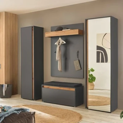 Abbildung von Lomadox Flur Garderoben Set in anthrazit mit Eiche, 4 teilig, Garderobenpaneel, Schuhbank, Garderobenschränke, modern