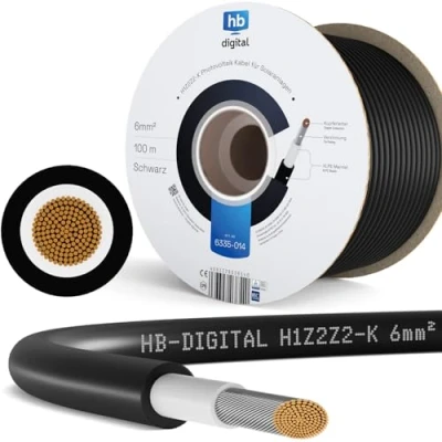 Abbildung von HB DIGITAL 100m Solarkabel H1Z2Z2 K TÜV Rheinland zertifiziertes 6mm² flexibel UV PV Kabel reines Kupfer 1500V DC für Solarpanel inkl. 0% MwSt. gem. § 12 Abs. 3 UStG Schwarz