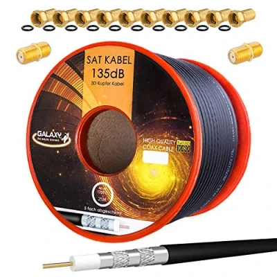Abbildung von HB Digital Set 25m Koaxial SAT Kabel 135db Schwarz + 10x F Stecker &amp; 2X Verbinder vergoldet CU Kupfer Satellit Antennenkabel 5 Fach geschirmt für DVB S/S2 C/C2 T/T2 DAB+ Radio BK Anlagen