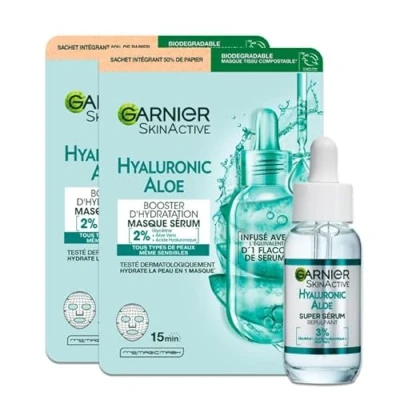Abbildung von GARNIER Skin Active feuchtigkeitsspendende &amp; aufpolsternde Routine Feuchtigkeits Booster + Super Serum Hyaluronsäure Aloe Vera Vegan Cruelty Free trockene empfindliche Haut