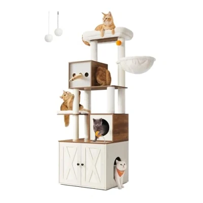 Abbildung von Feandrea Kratzbaum, Katzenbaum mit Katzenklo Schrank, 180 cm hoch, Katzenkratzbaum, Kratzsäule, Plattform, waschbares Kissen, honigbraun vintageweiß PCT116K03
