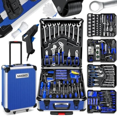 Abbildung von MASKO® Werkzeugkoffer 1299 teilig gefüllt Werkzeugset im Aluminiumkoffer Werkzeugkasten mit Rollen Werkzeugkiste Haushalt, Haus, Hobby, KFZ Trolley Funktion Profi Werkzeugwagen Handwerkzeug