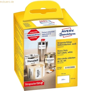 Abbildung von AVERY Zweckform A1933086 Dymo LabelWriter wetterfeste Etiketten kompatibel zu 1933086 (104x159mm, 1 Rolle200 Kunststoff Aufkleber, selbstklebend, für LW Etikettendrucker, Beschriftungsgerät)