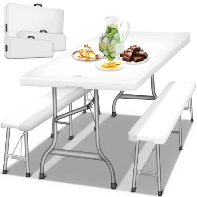 Abbildung von tillvex® Bierzeltgarnitur klappbar 3 teilig Set Kunststoff Gartengarnitur wetterfest 180 cm Gartenmöbel Indoor &amp; Outdoor mit Gartentisch und Bänken Festzeltgarnitur (Weiß)