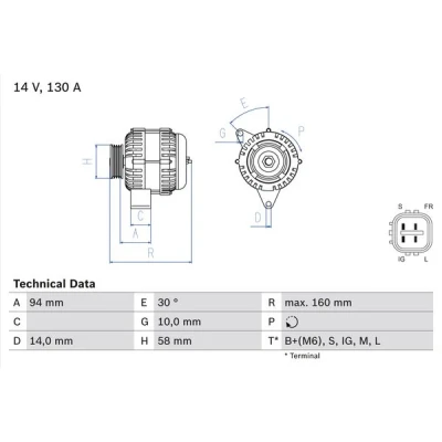 Abbildung von BOSCH 0 986 049 221 Lichtmaschine 14V 130A TOYOTA: RAV4 II SUV, Previa / Estima