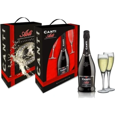 Abbildung von Canti Weißer D.O.C.G. Millesimato, Spumante Sektwein, Moscato d&#039;Asti 7%, Geschenkpackung mit zwei gläsern, italienische traubensorte aus Piemont, fruchtiger und aromatischer Geschmack, 1x750 ml